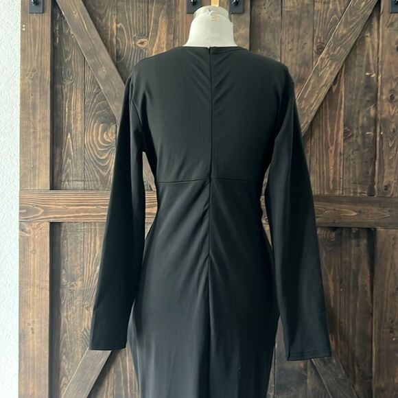 Stylish Long Sleeves V Neck Bodycon Pleated Slit Solid Evening Gown Dress - Picture 9 of 14